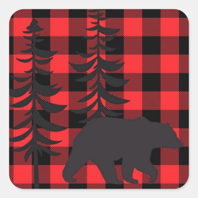 Red Plaid Black Bear Silhouette Square Sticker (Front)