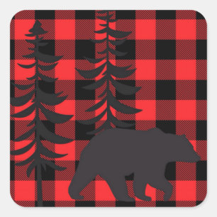 Red Plaid Black Bear Silhouette Square Sticker