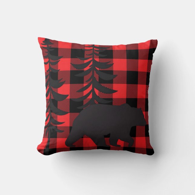 Red Plaid Black Bear Silhouette Throw Pillow (Front)