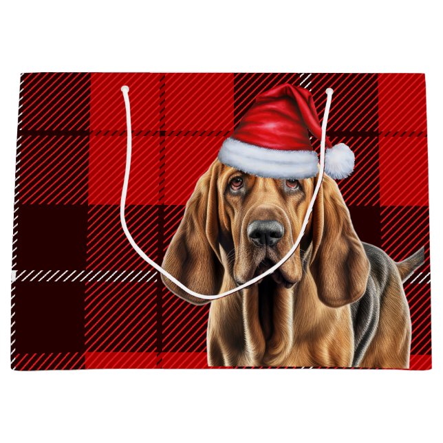 Red Plaid Bloodhound Dog Lover Holiday Large Gift Bag (Front)