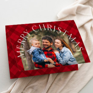 Red Plaid Boho Arch Merry Christmas Photo  Holiday Card