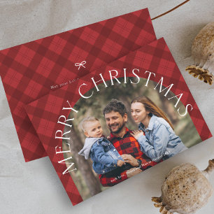 Red Plaid Boho Arch Merry Christmas Photo  Holiday Card