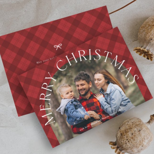 Red Plaid Boho Arch Merry Christmas Photo  Holiday Card (Rustic red plaid arch photo Christmas holiday cards.)