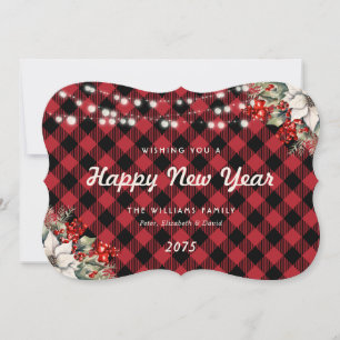 Red Plaid Botanical String Lights New Year Card