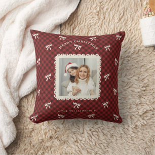 Red Plaid Bow Family Photo Christmas Throw Pillow
