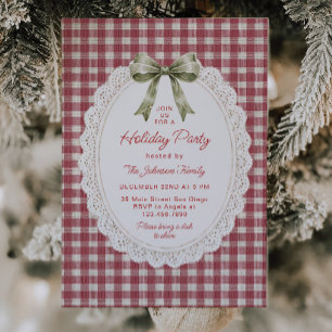 Red Plaid Bow Scalloped Lace Frame Christmas Party Invitation