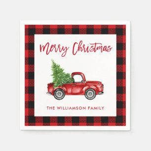 Red Plaid Brush Script Christmas Vintage Truck Napkin