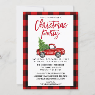 Red Plaid Brush Script Truck Christmas Party Invitation