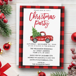 Red Plaid Brush Script Truck Christmas Party Invitation