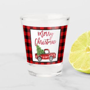 Red Plaid Brush Script Vintage Truck Christmas Shot Glass