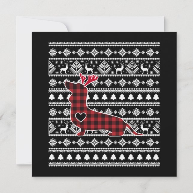 Red Plaid Buffalo Dachshund Dog Christmas Card (Front)