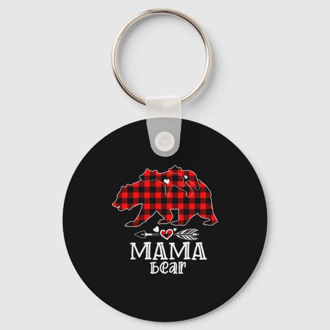 Red Plaid Buffalo Mama Bear Christmas Pajamas Fami Keychain (Front)