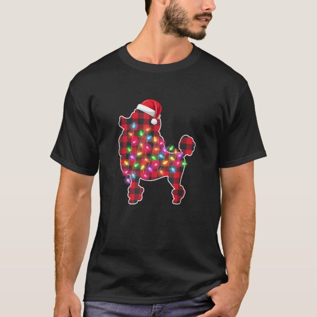 Red Plaid Buffalo Poodle Dog Christmas Lights Paja T-Shirt (Front)