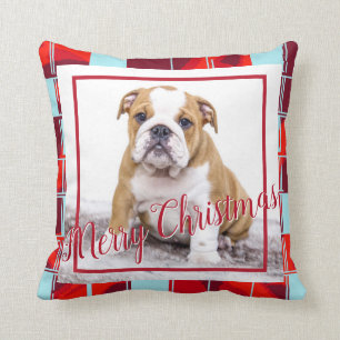 Red Plaid Bulldog Dog Photo Merry Christmas Throw Pillow