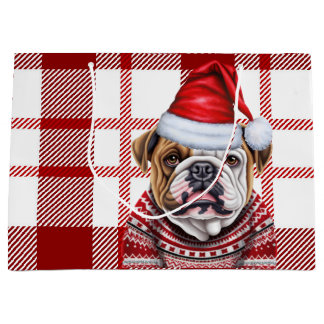 Red Plaid Bulldog Lover Holiday Large Gift Bag
