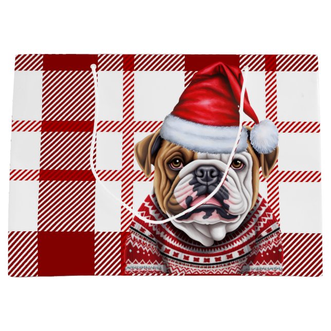 Red Plaid Bulldog Lover Holiday Large Gift Bag (Front)