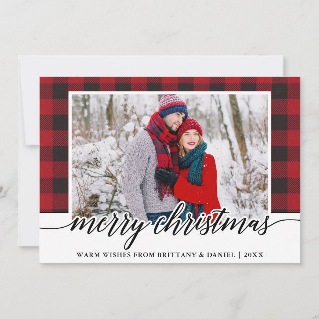 Red Plaid Calligraphy Couple Merry Christmas Holiday Card (Front)