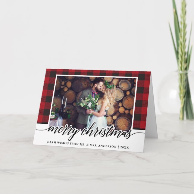 Red Plaid Calligraphy Wedding Merry Christmas Holiday Card (Front)