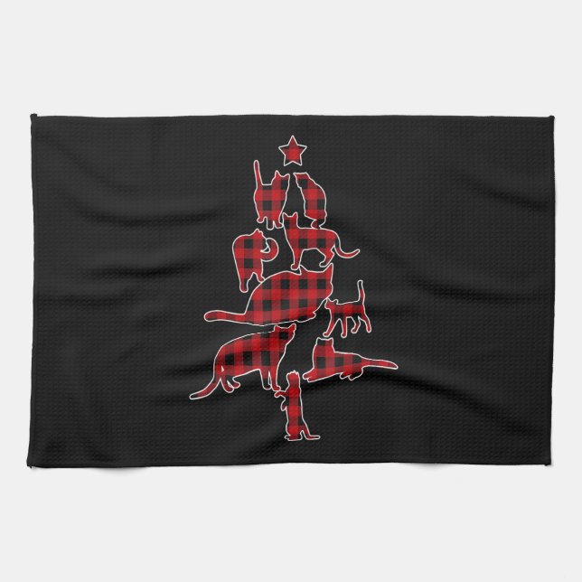 Red Plaid Cat Christmas Tree Pyjamas Family Cat Xm Kitchen Towel (Horizontal)