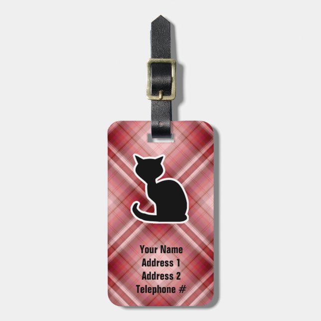 Red Plaid Cat Luggage Tag (Front Vertical)