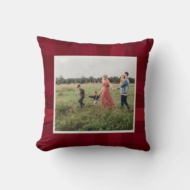 Red Plaid Check Pattern Rustic Custom Photo Throw Pillow (Front)