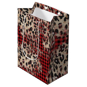 Red Plaid Cheetah Print Funky Christmas  Medium Gift Bag