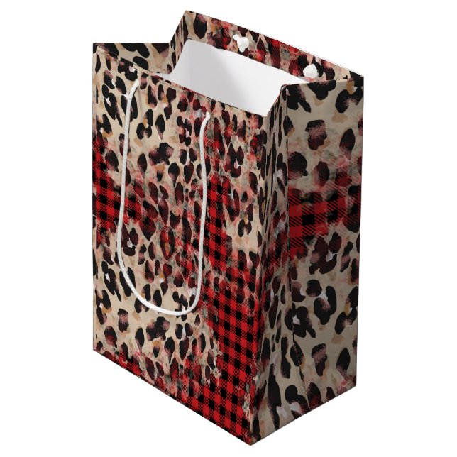 Red Plaid Cheetah Print Funky Christmas  Medium Gift Bag (Front Angled)
