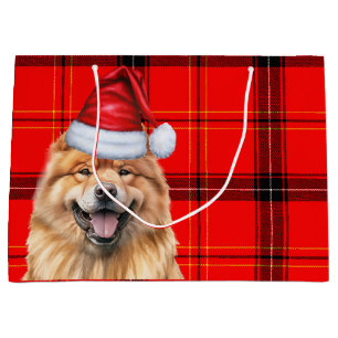 Red Plaid Christmas Chow Chow Dog Large Gift Bag