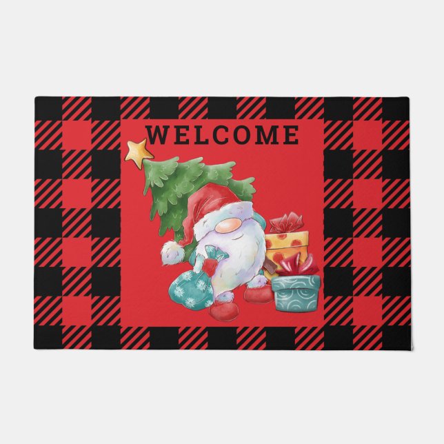Red Plaid Christmas Gnome Doormat (Front)