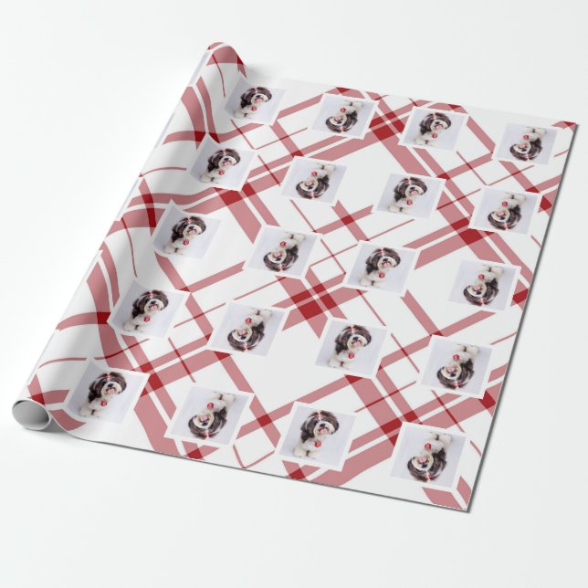 Red Plaid Christmas Hoiday Square Photo Custom Wrapping Paper (Unrolled)