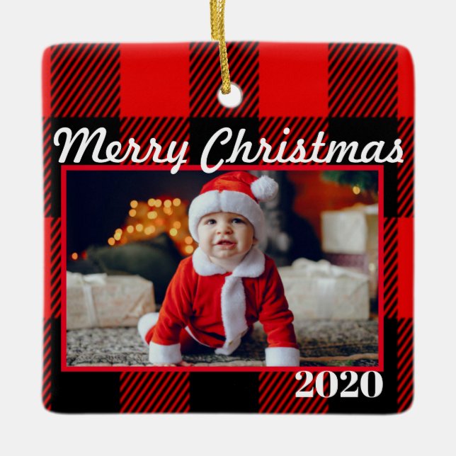 Red Plaid Christmas Photo 2 Sides Modern Ceramic Ornament (Front)