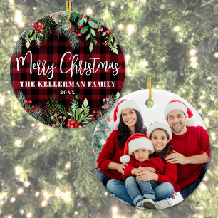 Red Plaid Christmas Photo Ceramic Ornament