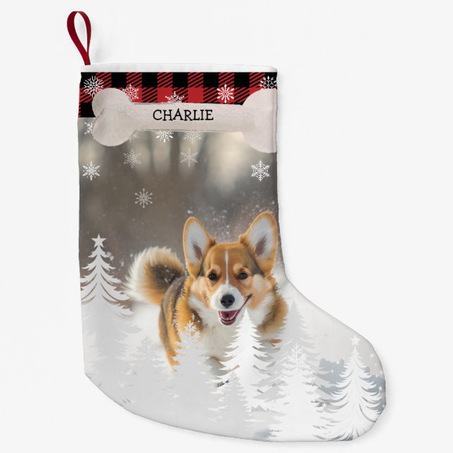 Red Plaid Christmas Pine Trees Dog Bone Pet Photo Small Christmas Stocking (Front)