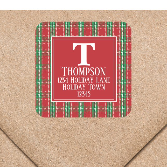 Red Plaid Christmas Return Address Custom Square Sticker (Christmas red and green plaid return address label with monogram and name. )