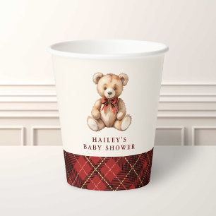 Red Plaid Classic Teddy Bear Baby Shower Paper Cups