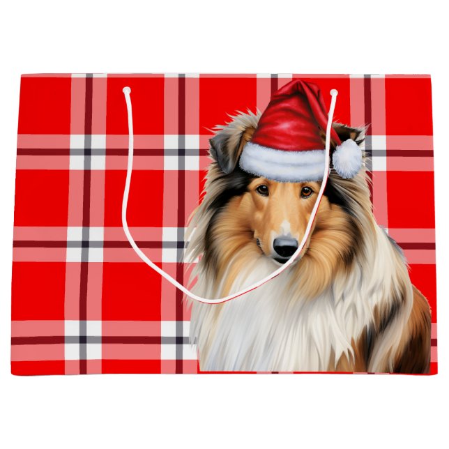 Red Plaid Collie Dog Lover Holiday Large Gift Bag (Front)