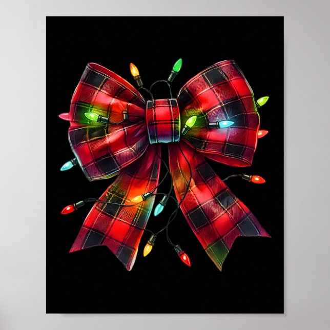 Red Plaid Coquette Bow Christmas Lights Xmas Pajam Poster (Front)