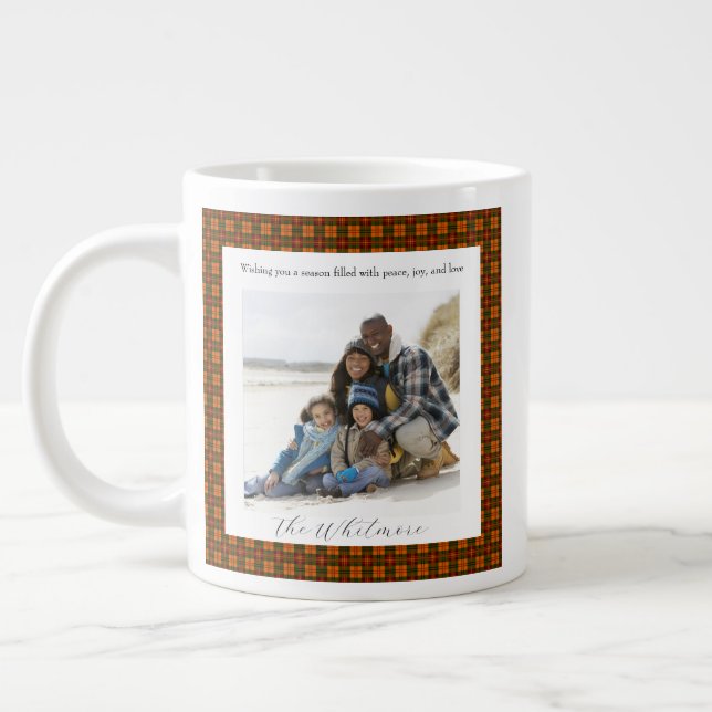  Red Plaid Cozy Christmas Retro Monogram 2 Photo Large Coffee Mug (Left)