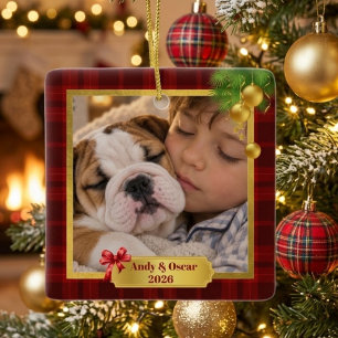 Red Plaid Custom Photo First Christmas Together Ceramic Ornament