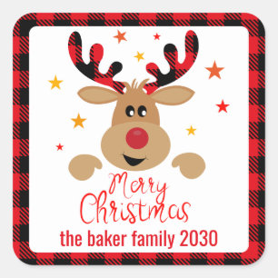 Red Plaid Cute Girly Christmas Reindeer Red Nose  Square Sticker