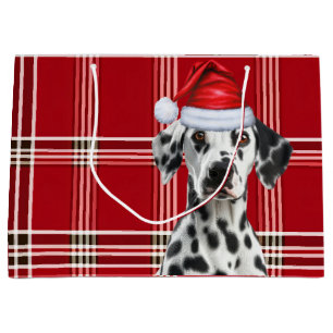 Red Plaid Dalmatian Dog Lover Holiday Large Gift Bag