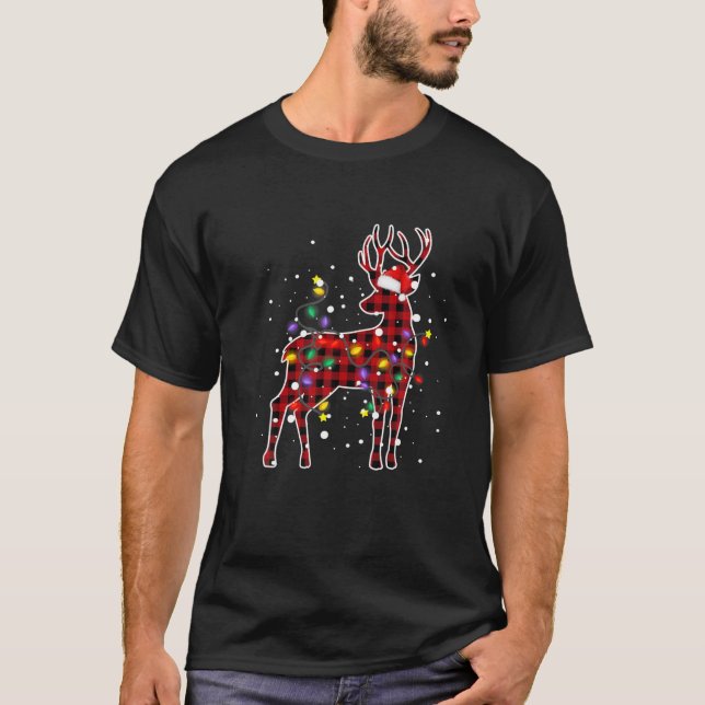 Red Plaid Deer Christmas Pyjamas Family Xmas Light T-Shirt (Front)