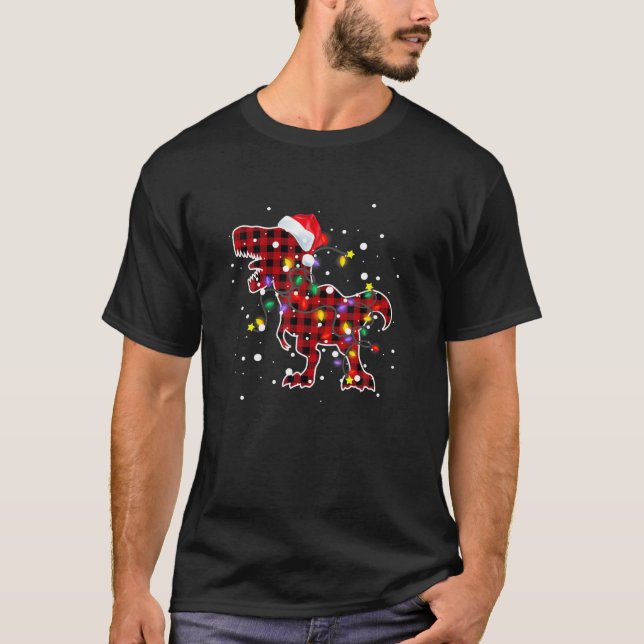 Red Plaid Dinosaur Christmas Pyjamas T Rex Xmas Li T-Shirt (Front)
