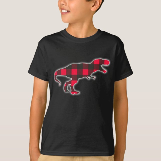 Red Plaid Dinosaur Christmas T-Shirt (Front)