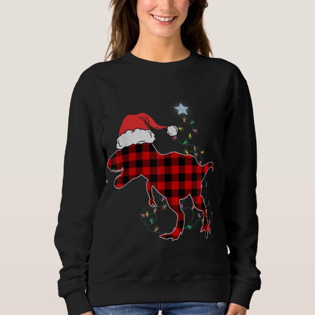 Red Plaid Dinosaur T Rex Christmas Lights Tree PJ  Sweatshirt (Front)