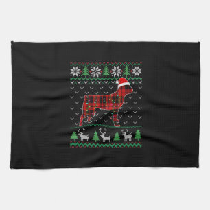 Red Plaid Dog Ugly Christmas Lights Boston Terrier Kitchen Towel