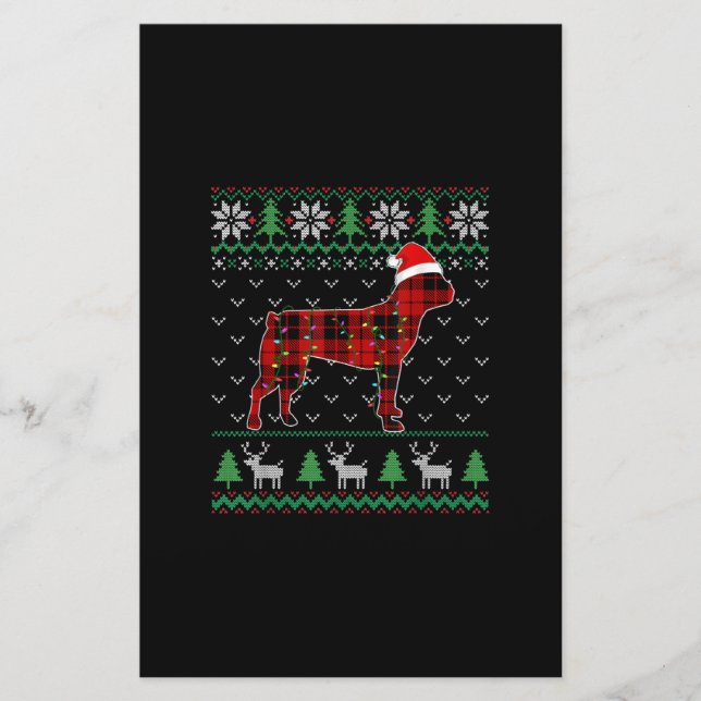 Red Plaid Dog Ugly Christmas Lights Boston Terrier Stationery (Front)