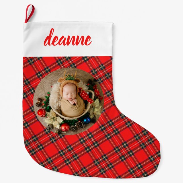 Red Plaid Elegant Baby's First Christmas Photo Large Christmas Stocking (Front)