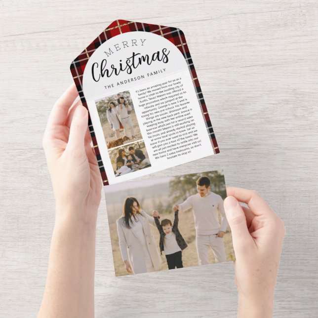 Red Plaid Family Christmas Photo Cards Trifold (Tearaway)