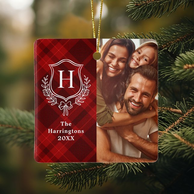 Red Plaid Family Crest Photo Christmas Ceramic Ornament (Creator Uploaded)